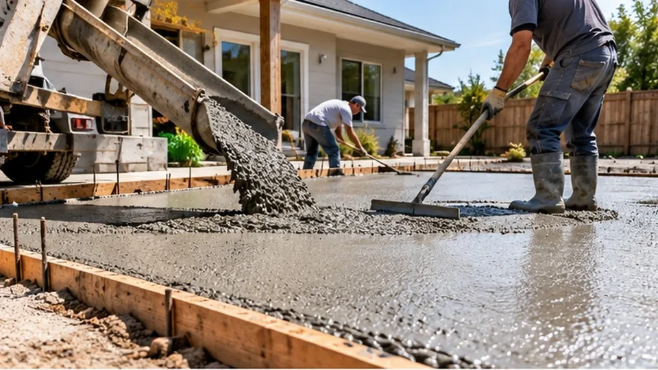 Workers pouring and leveling wet concrete into wooden forms beside a residential home