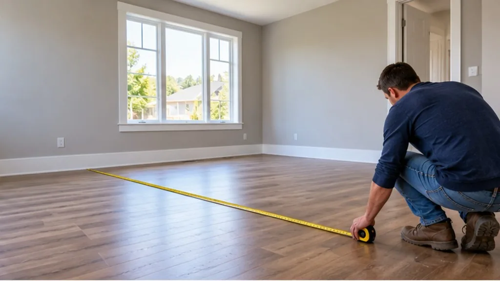 Person measuring a room floor with a tape measure on newly installed wood planks