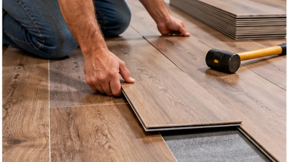 Hands installing interlocking wood-look flooring planks next to a rubber mallet