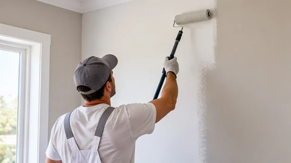 Painter applying interior wall paint with a roller on an extension pole
