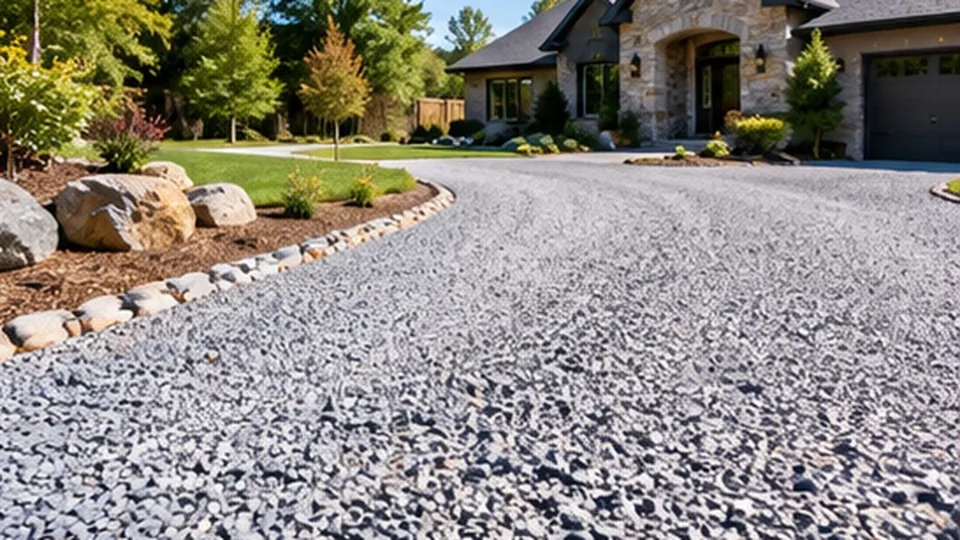 Curved residential gravel driveway of crushed stone leading to a suburban house